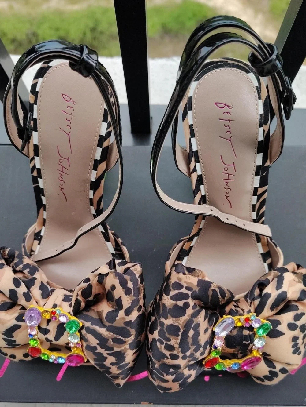 Betsey Johnson Leopard Print Bow Sandals with Black Patent Straps